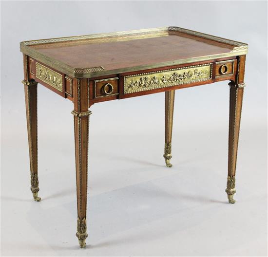 A Louis XVI style harewood and purple heart centre table, W.2ft 7.5in. D.1ft 9in. H.2ft 5in.
